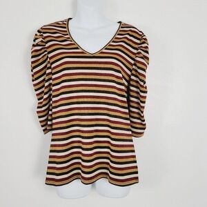 David Lerner Puff Sleeve Metallic Stripe V Neck Top Size Med